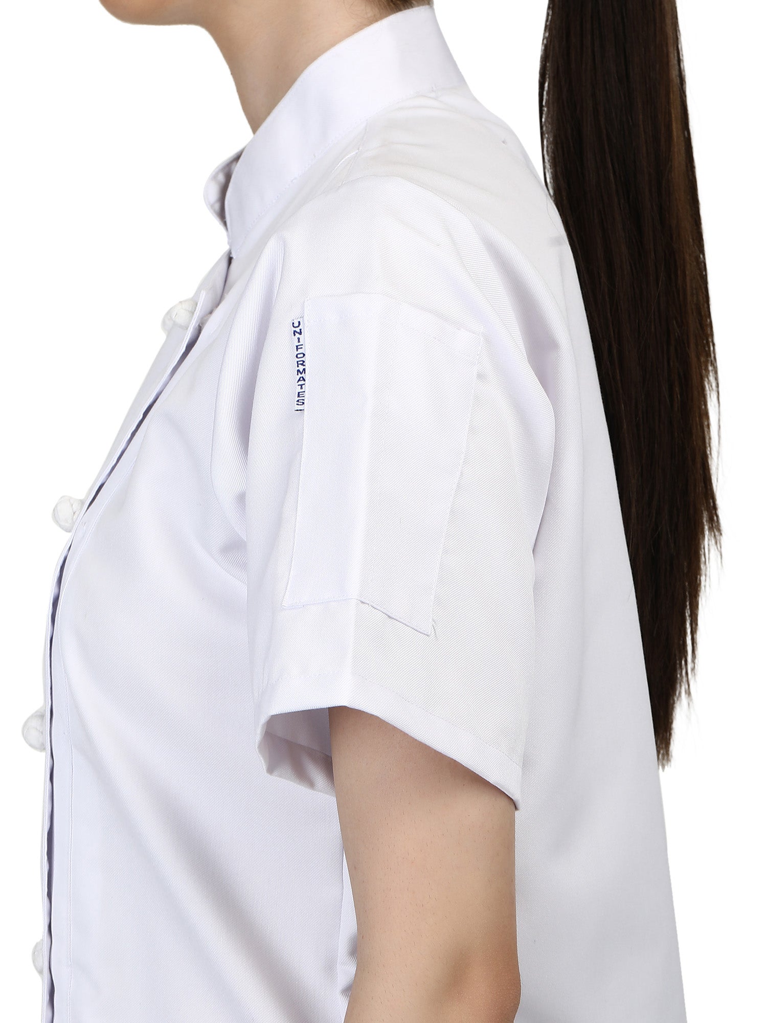 Short Sleeves Knotted Cloth Buttons Women Chef Coat Jacket Uniform ideal for food service, Caterers and Culinary professional – White